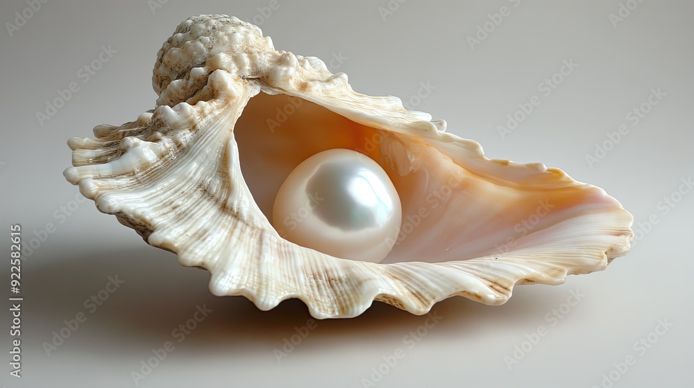 Poster an open shell with a pearl inside, creating a simple yet elegant display of oceanic beauty.