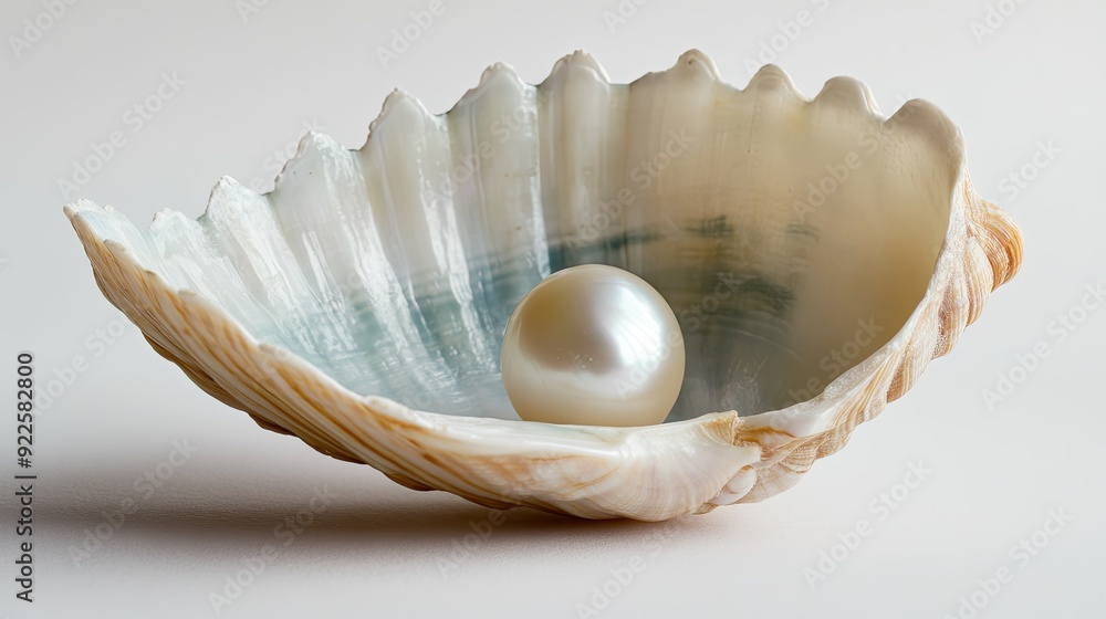 Poster an open shell with a pearl inside, creating a simple yet elegant display of oceanic beauty.