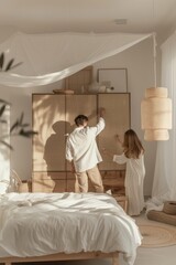 Couple Constructing DIY Cupboard in Serene Minimalist Bedroom with Elegant Neutral Furniture