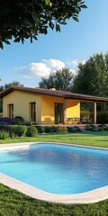 Fototapeta premium Modern Yellow House with Swimming Pool