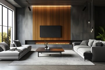 Sleek, contemporary living room with a minimalist electric fireplace embedded in a wall, surrounded by modern furniture and decor.