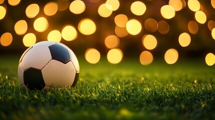 Naklejka premium Field of Dreams - A Close-up Photo of a Soccer Ball on Lush Green Grass with Bokeh Lights.