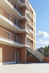 Fototapeta premium Modern Building Exterior With Balconies And Stairs