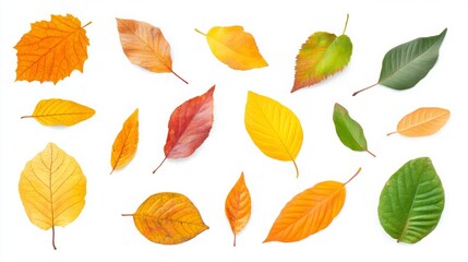 Fototapeta premium Autumn's Tapestry - A Colorful Display of Fallen Leaves on a White Canvas from a Top View.