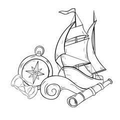 Sailing ship on curly wave black and white vector isolated. Sailing boat and adventure items hand drawn ink silhouette. Compass, spyglass graphic illustration. Simple nautical drawing outline