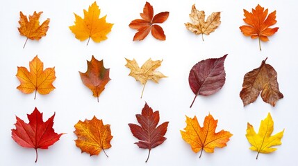 Fototapeta premium Autumn's Tapestry - A Colorful Display of Fallen Leaves on a White Canvas from a Top View.