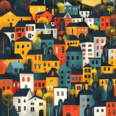 Colorful Illustration of Houses and Trees in a Cityscape