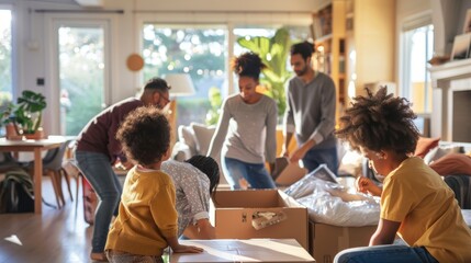 Family Arranging Furniture in New Home with Natural Light and Joyful Atmosphere