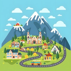 Mountain Village with Church and Winding Road