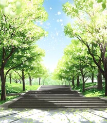 Obraz premium Spring Trees Green Landscape Illustration