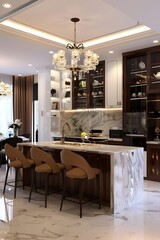 Modern Kitchen Interior Design with Marble Countertop and Crystal Chandelier