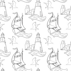 Nautical vector graphic seamless pattern of sailing ship on wave . Marine repeating texture of lighthouse and rocks black and white line art. Boat seagull beacon endless monochrome background.