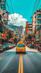 Obraz premium Yellow Taxi Driving Through a City Street in the Philippines