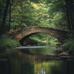 Fototapeta premium A stone bridge crossing a river in a dense forest, surrounded by greenery and natural beauty