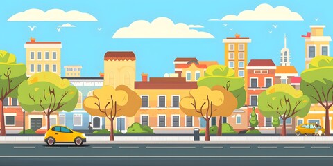 Naklejka premium Cartoon Cityscape With Buildings and Cars