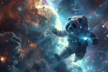 Astronaut panda making a futuristic discovery in the depths of space, cosmos background