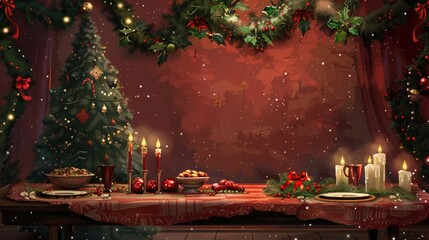 Obraz premium Festive Christmas Banner with Holiday Feast, Candles, Garlands, and Decorated Christmas Tree for Print