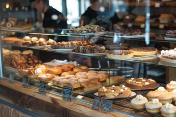 Assorted Pastries and Desserts Display in Bakery with Reflections of Eager Customers