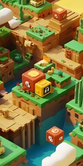 3D Cartoon Village Scene with Green Grass, Wooden Structures and Colorful Cubes