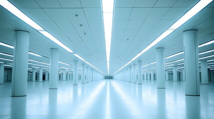Empty Room with White Columns and Fluorescent Lighting