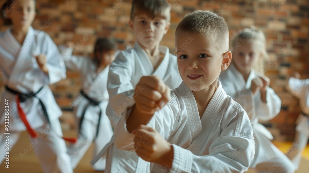 Poster children practicing karate with instructor in structured and energetic class environment