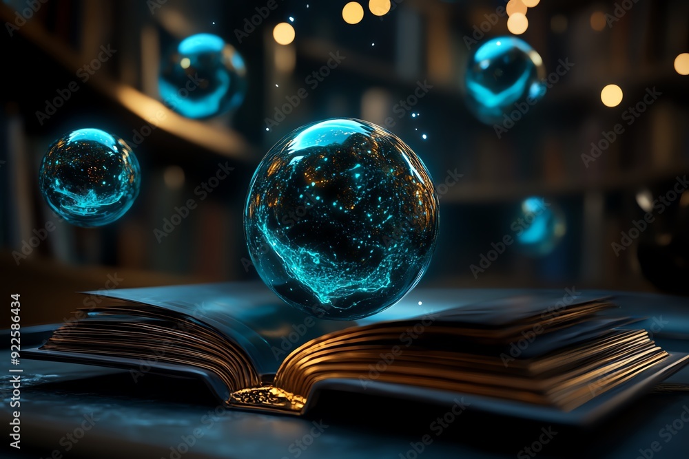 Aufkleber Open book with glowing orbs hovering above, representing knowledge and imagination in a mysterious library setting at night.