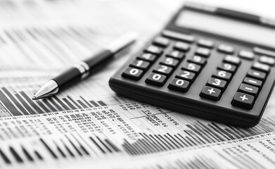 Black and white image of a calculator and financial papers with a pen.