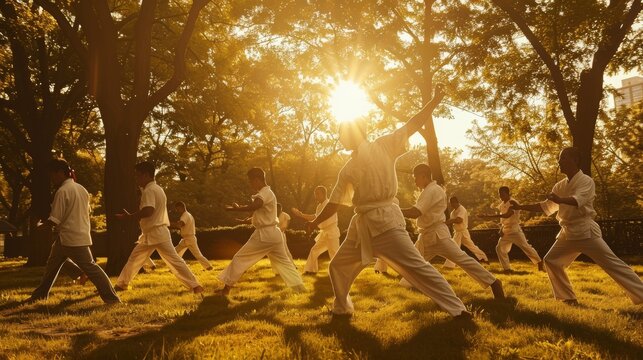 Group Practicing Kung Fu in Serene Park at Sunset Perfect for Wellness and Fitness Themes