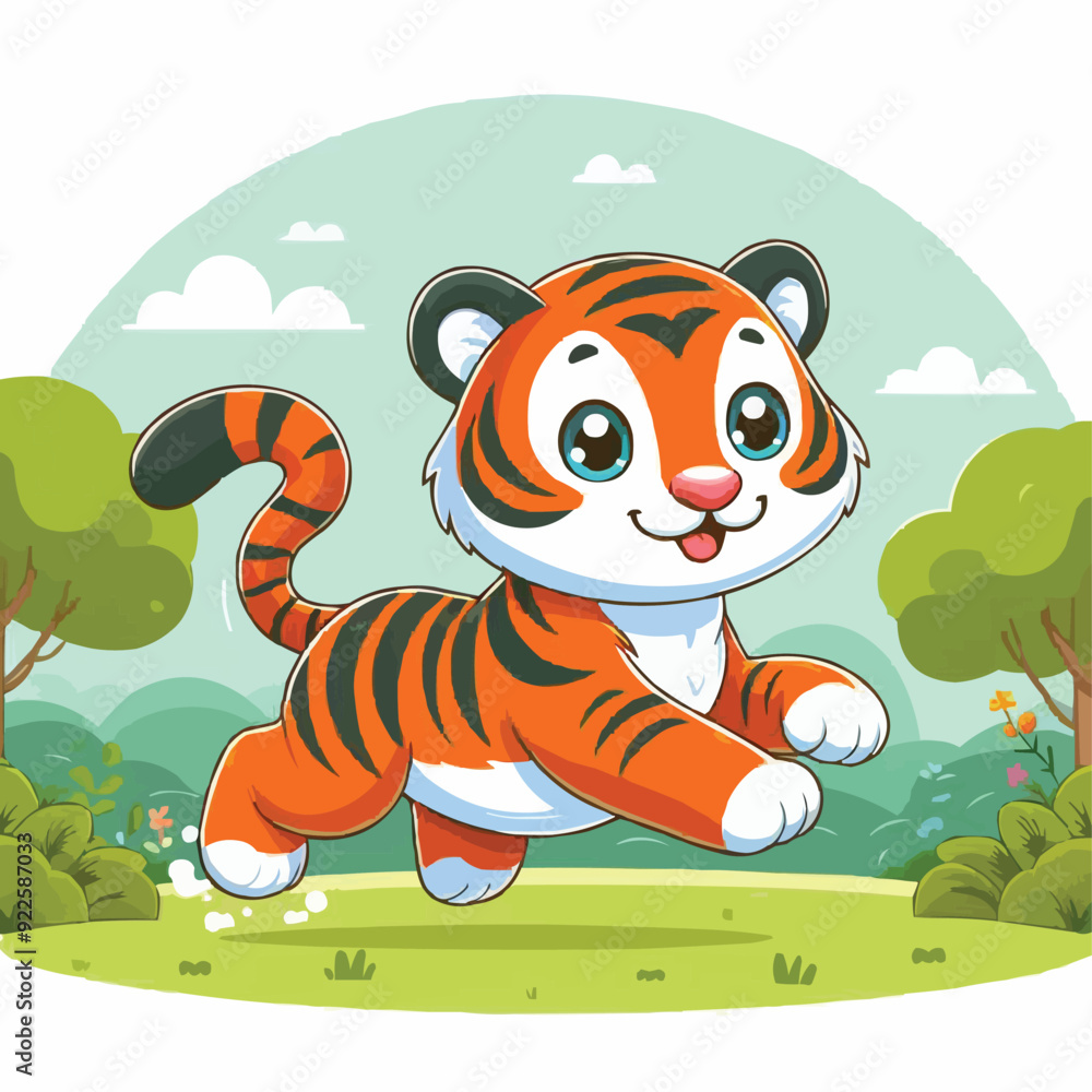 Wall mural a cartoon tiger running happily in park