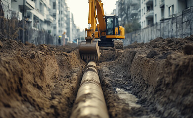 Excavator digging and laying pipes in an urban construction site.