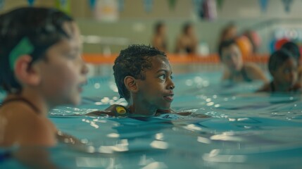 Children Learning to Swim in a Lively Community Pool Setting