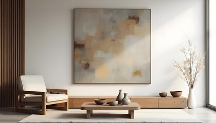 Modern living room decorated with vases and a big painting..