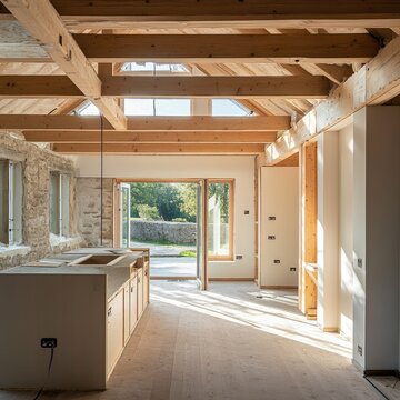The interior of a modern home extension under renovation, with exposed beams and natural light flooding in