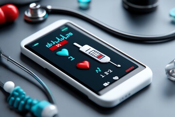 Smartphone with a health app displaying heart rate measurement, surrounded by medical equipment. Focus on digital health and wellness technology.