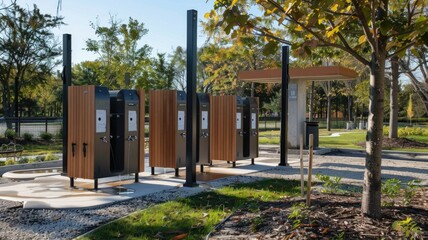 Naklejka premium Hygiene stations with soap and water, located near public restrooms in a community area
