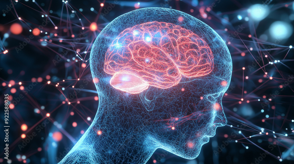 Poster digital visualization of a human brain with neural connections and glowing red signals.