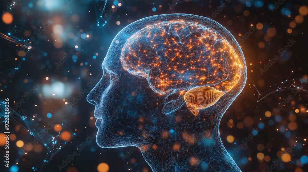 Poster digital visualization of a human brain with neural connections and glowing red signals.