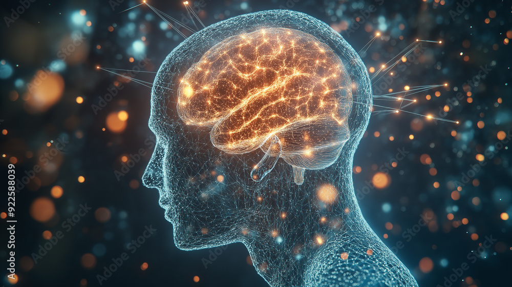 Poster digital visualization of a human brain with neural connections and glowing red signals.