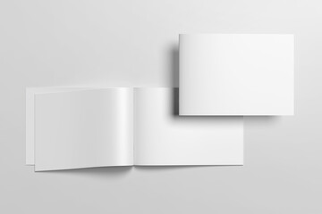 Blank cover and opened landscape brochure and catalog mockup top angle view