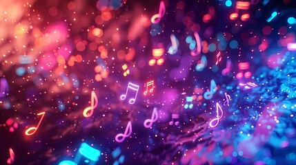 3D abstract background featuring floating musical notes and sound waves with dynamic lighting effects
