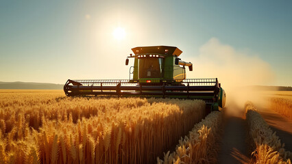 Fototapeta premium Rotary straw walker cut and threshes ripe wheat grain. Combine harvesters with grain header, wide chaff spreader reaping cereal ears. Gathering crop by agricultural machinery on field on summer season