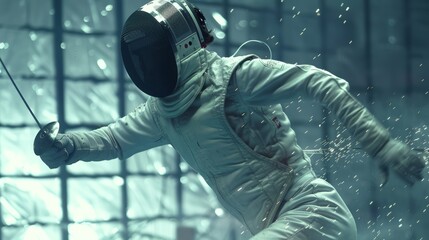 Professional Fencer In Intense Attack Stance During Competition - Sports Action Shot for Prints and Posters