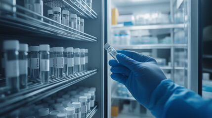 Scientist wearing gloves and selecting a vial in a laboratory refrigerator.