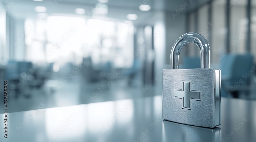 Poster a padlock symbolizes secure healthcare data management in hospitals, emphasizing the need for strong