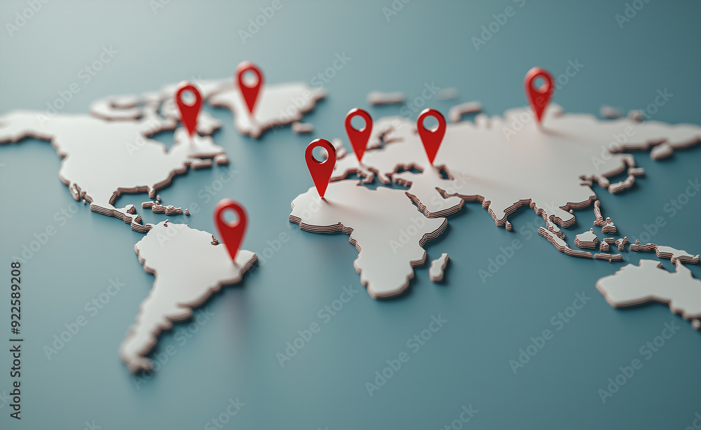 Poster world map with red location pins connected by lines, representing global connections.