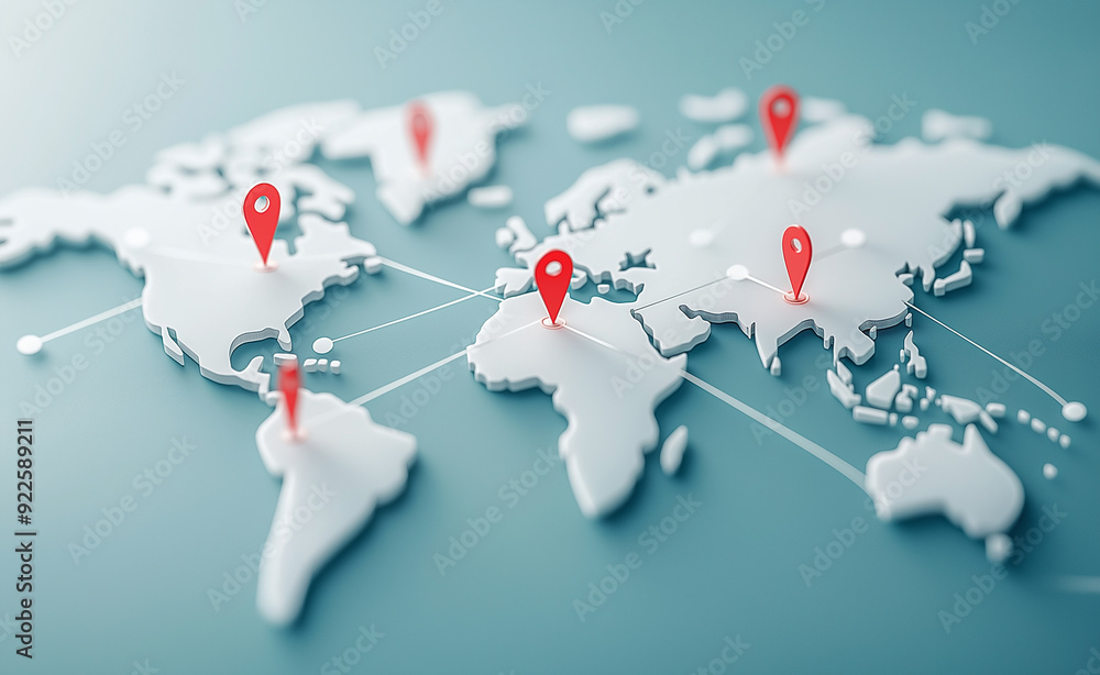 Poster world map with red location pins connected by lines, representing global connections.