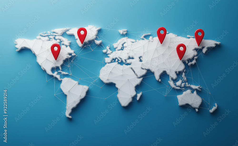 Poster world map with red location pins connected by lines, representing global connections.