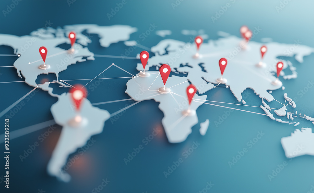 Poster world map with red location pins connected by lines, representing global connections.
