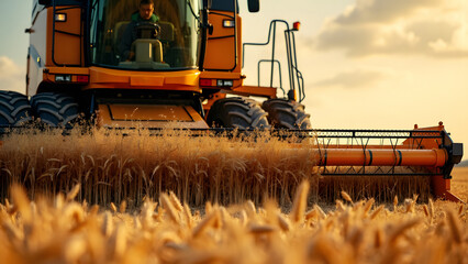 Fototapeta premium Rotary straw walker cut and threshes ripe wheat grain. Man in combine harvesters with grain header, wide chaff spreader reaping cereal ears. Gathering crop by agricultural machinery on field in summer
