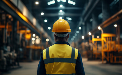 Worker with a yellow hard hat standing in a large industrial factory.